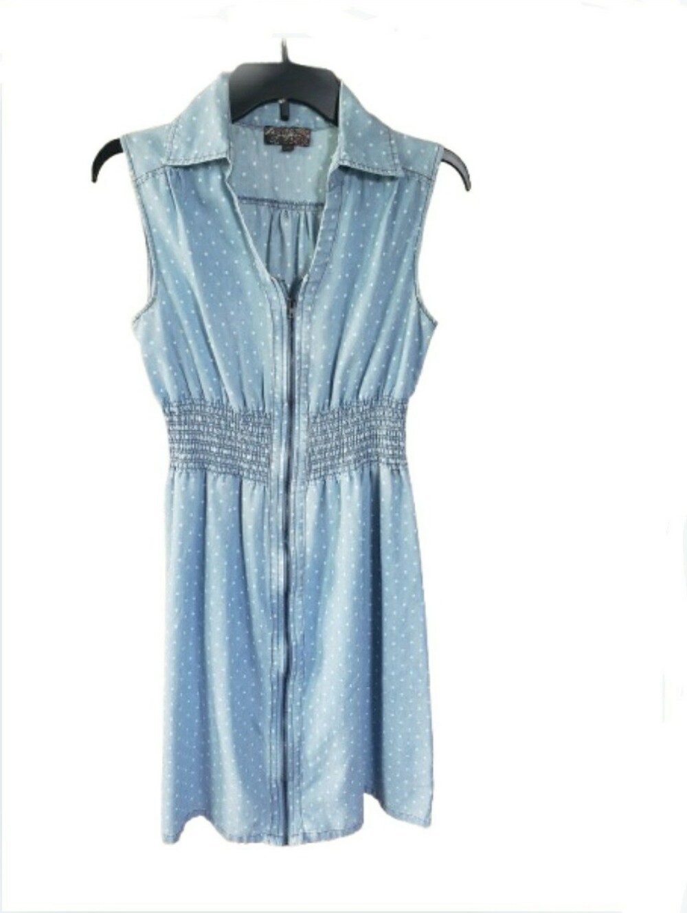 J Gee Chambray Zip-Front  Smocked Waist Dress